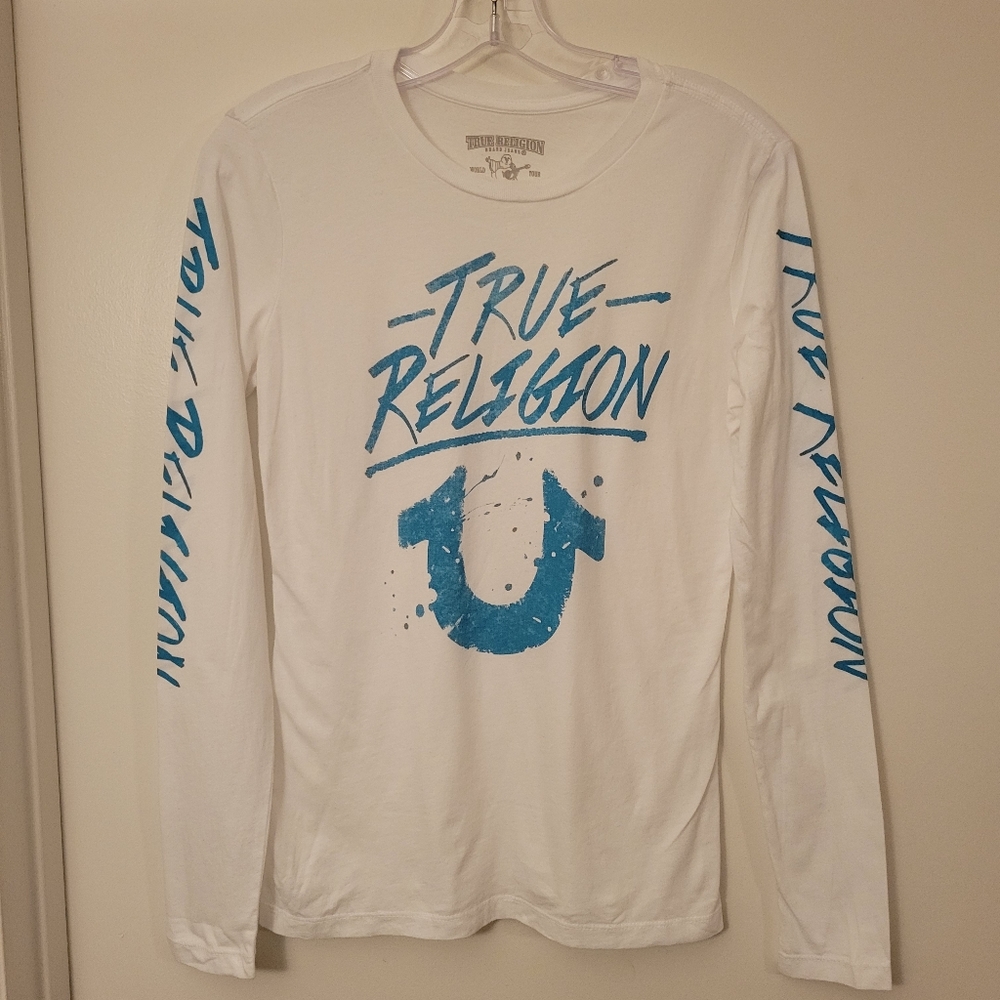 True Religion White Long Sleeve Blue Graphic Tee, Size S